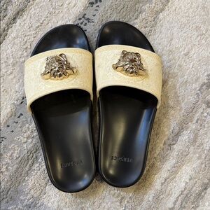 Versace Black and Cream Medusa Slide Sandals